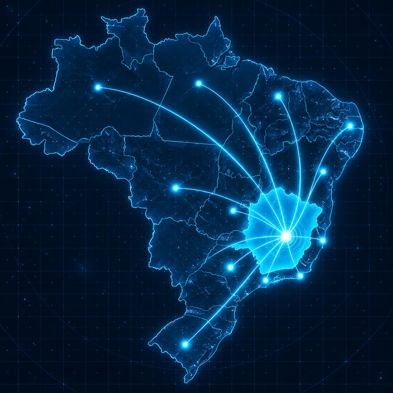 Mapa do Brasil com conexões de todas as regiões até Belo Horizonte